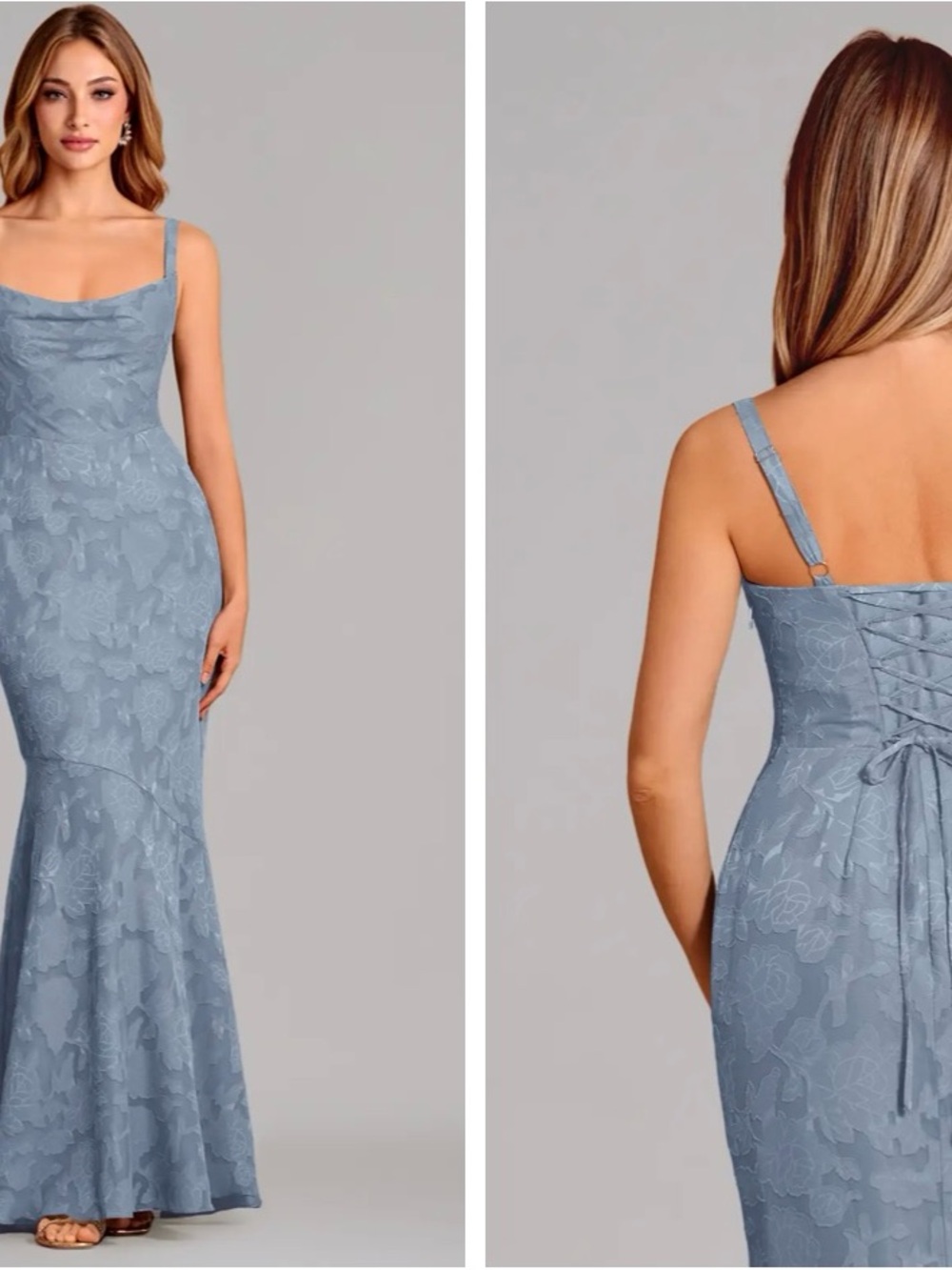 Azazie Dusty Blue Lace-Texture Maxi Dress with Lace-Up Back